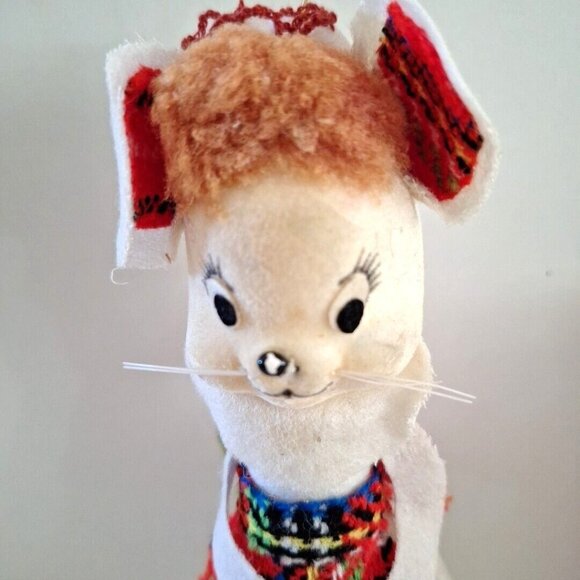 Flocked White Mouse Christmas Ornament 6" Plaid Apron Ears Vintage Taiwan - Picture 4 of 10
